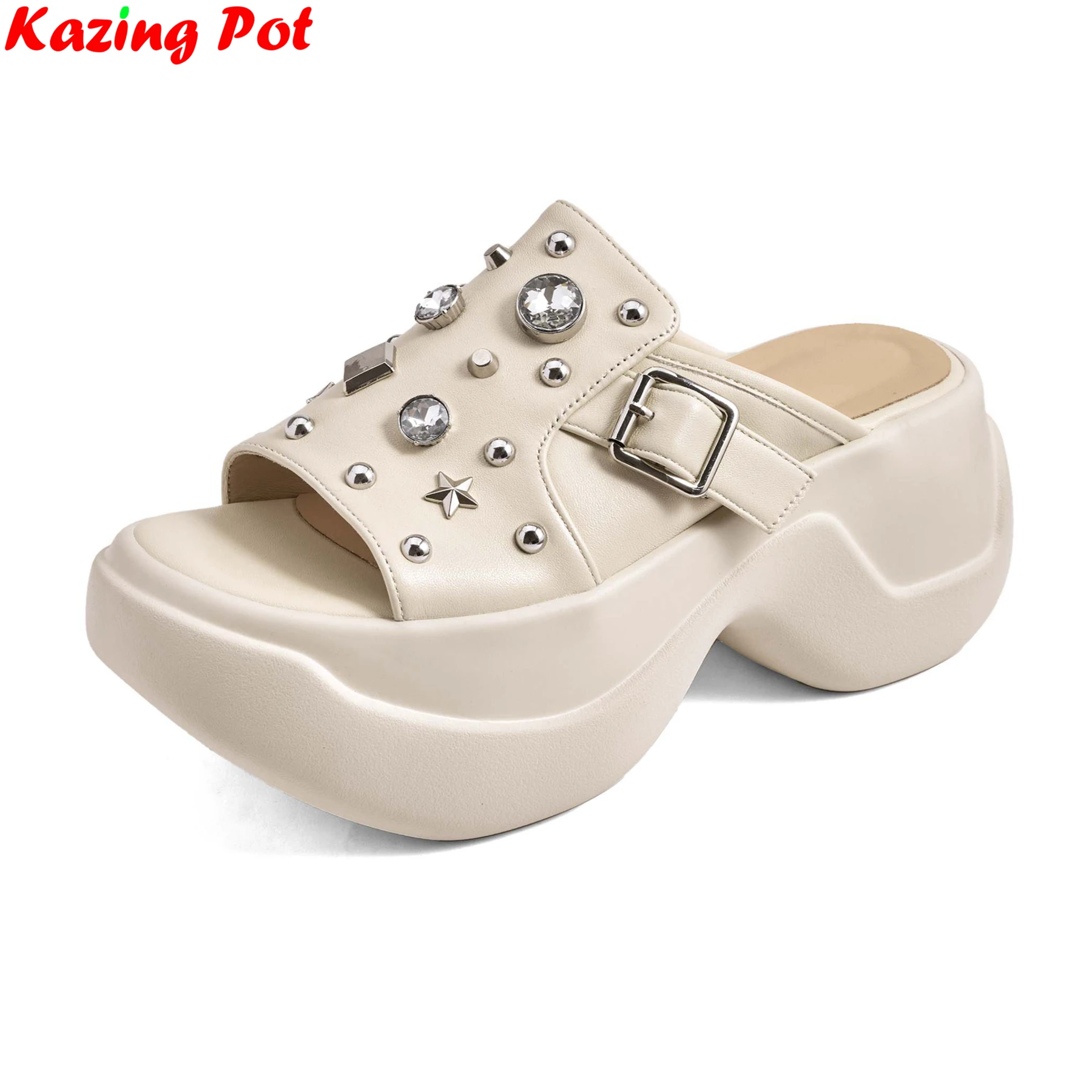 

Krazing Pot из овчины на высоком каблуке со стразами, повседневные туфли-лодочки с открытой пяткой на платформе, летние сандалии с заклепками, вечерние роскошные женские тапочки