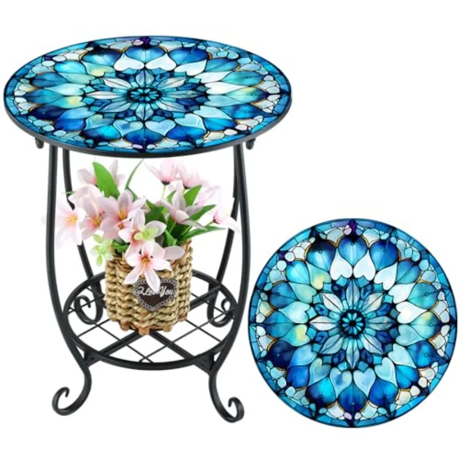 Outdoor Side Table Round Small Mosaic Patio Accent Indoor End Plant Coffee Tea Table for Yard Patio Porch Garden Living Room Be