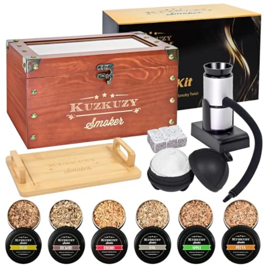 

Cocktail Smoker Kit - Whiskey Smoker Kit with Smoking Gun Smoker Box 6 Flavors Wood Chips with Whiskey Stones and Ice Mold - Bo