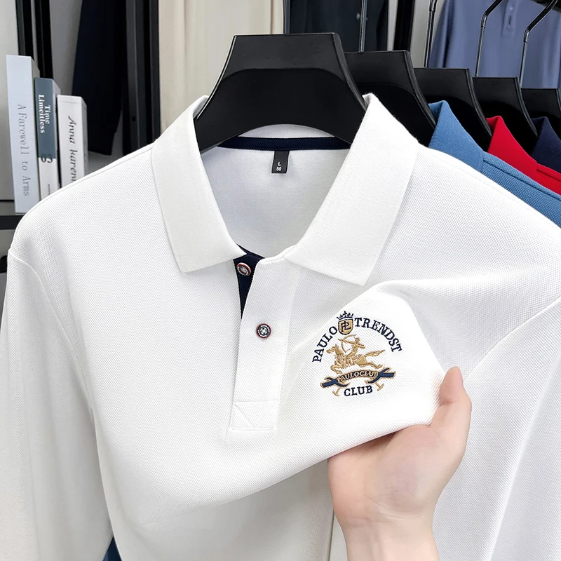 

High-End Man Original Long-Sleeved Polo Shirt Lapel British Style Delicate Embroidery Hot Autumn New Tops Business Mens Clothing