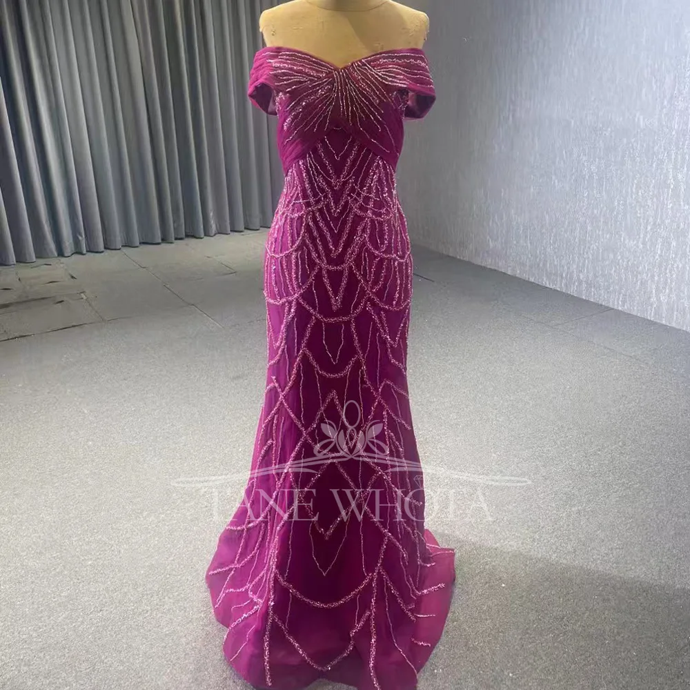 Rose-Red Off The Shoulder Beaded Evening Dress With Sweetheart Lace Up Back And Detachable Train For Luxury Prom Occasions