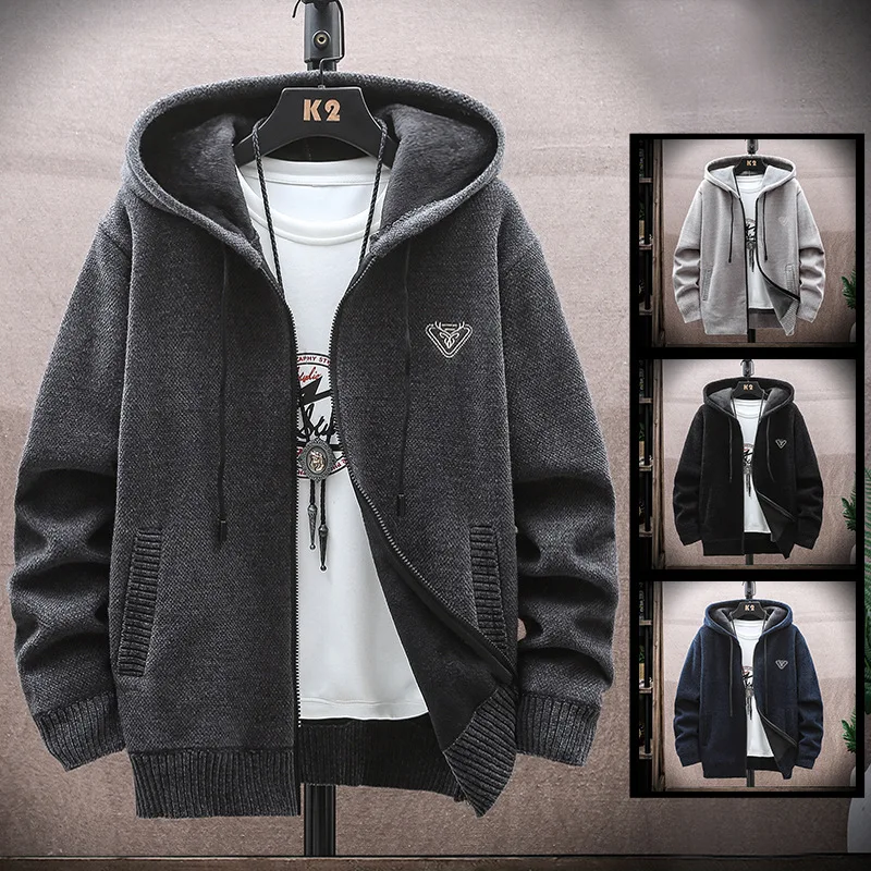 Autumn New Style Cardigan Sweater Men's Fashion Brand Handsome Loose Relaxed Versatile Plush Thickened Hooded Knit Coat