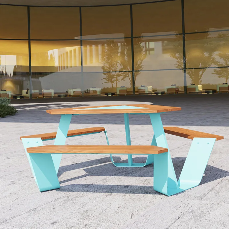 Outdoor canteen tables and chairs Modern simple courtyard One-piece long dining table Public places Park Open-air sun protection