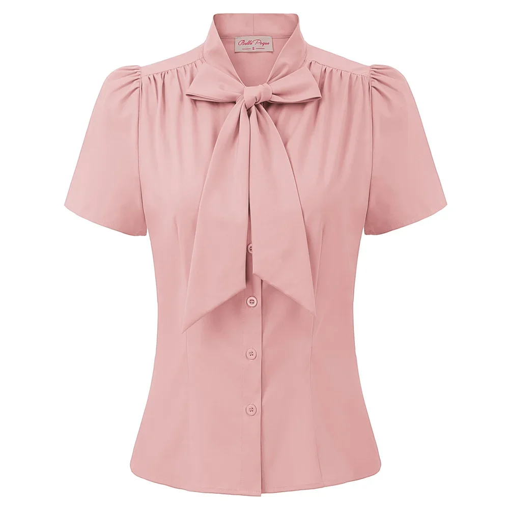 BP Summer Short Sleeve Office Button Down Blouse Stripe Shirt With Bow Tie  Solid Color Short Sleeve Bow-Knot Decorated Tops A30