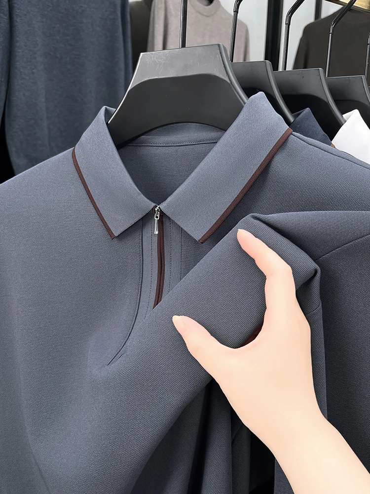 High quality fashion long sleeve men\'s polo shirt autumn half zipper striped high-end design golf top business casual T-shirt