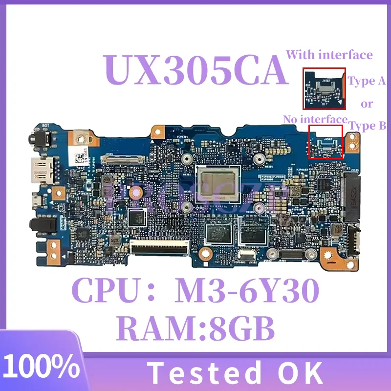 

UX305CA For ASUS UX305 UX305C UX305CA Laptop Motherboard With M3-6Y30 M5-6Y54 CPU 8GB-RAM Notebook Mainboard Fully Tested OK