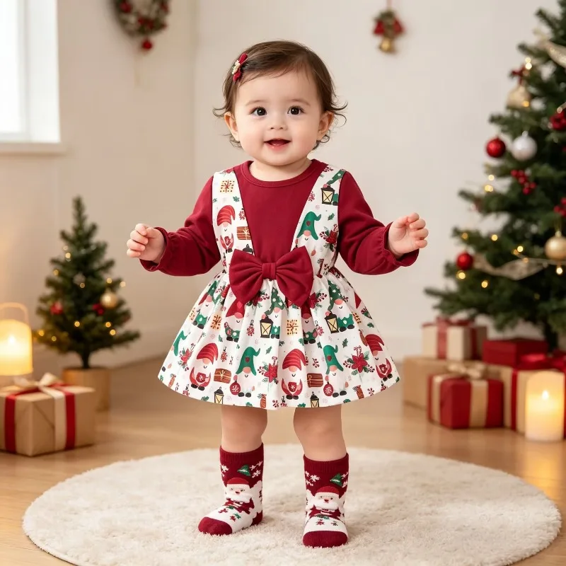 Newborn Infant Toddler Baby Girls Christmas Bodysuit Romper Ruffled Top White Elf Santa Print Suspender Tutu Skirt Big Bow 0 24M