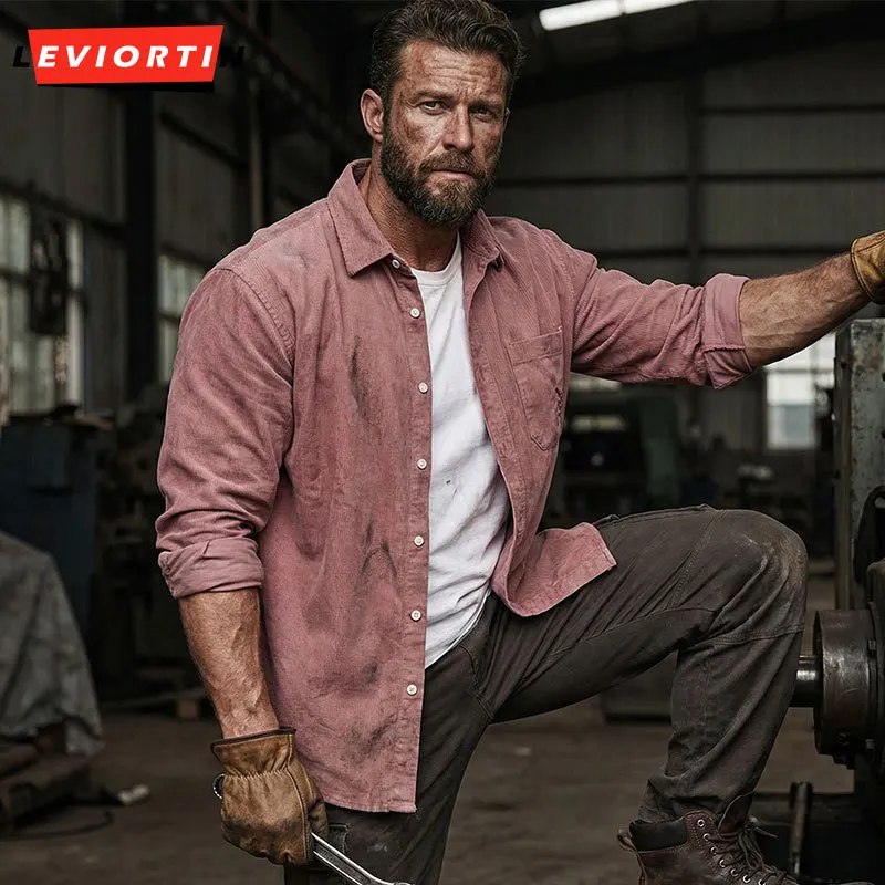

Men's 100% Cotton Loose Long Sleeve Button-Down Workwear Shirt Vintage Casual Embroidery Cargo Shirt Man Tops