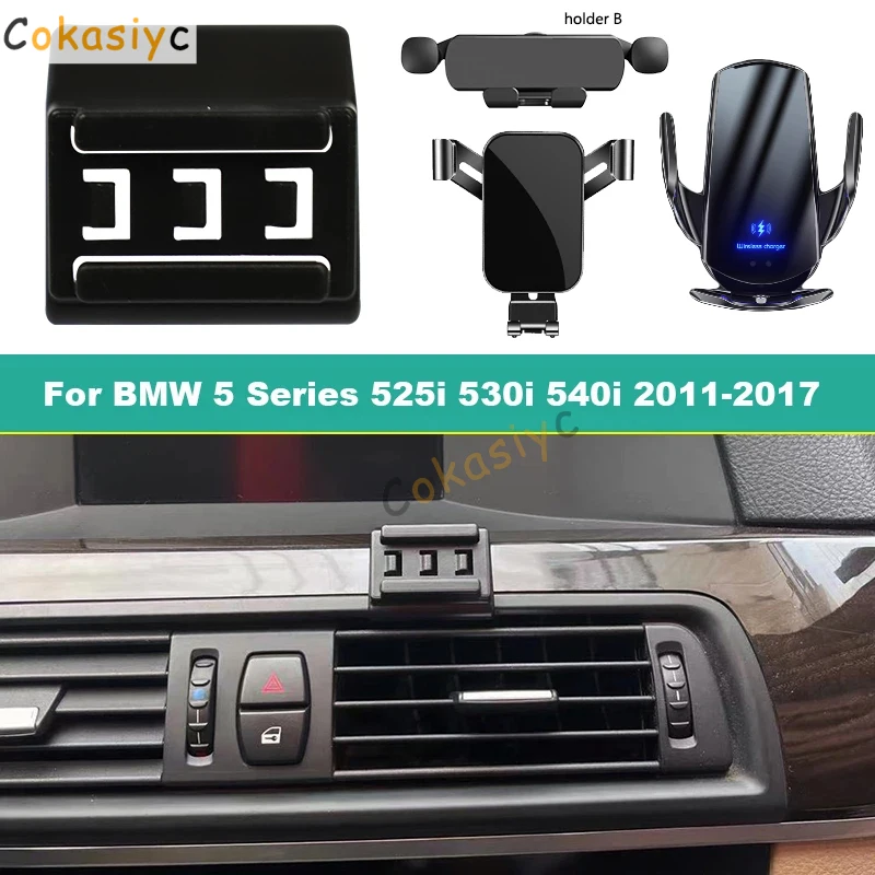 Suporte para celular de carro para BMW Série 5 525i 530i 540i F10 F11 2011-2017, suporte de navegação com carregamento sem fio.