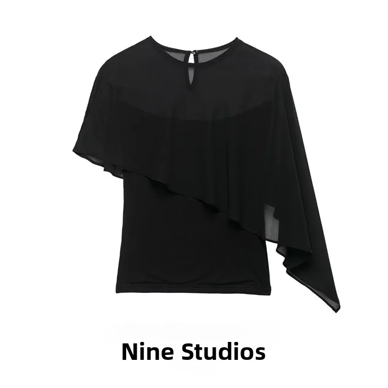 Camiseta de malla elástica asimétrica de manga corta con cuello redondo y largo corto de poliéster para mujer Nine Zar, estilo casual de primavera