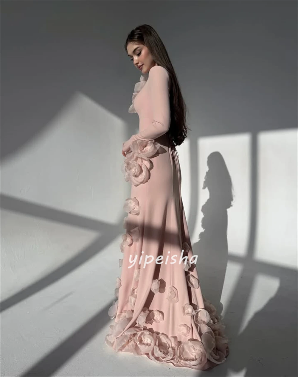 Customized High Quality Women Jersey Handmade Flower Beading Mermaid Evening Dresses Classic High Collar Long Sleeves Party Gown image 2