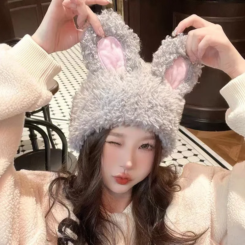 Ladies Cute Winter Rabbit Ears Woolly Hat Warm Winterproof Ear Protection Knitted Hat Over Cotton Cap Street Casual Cap