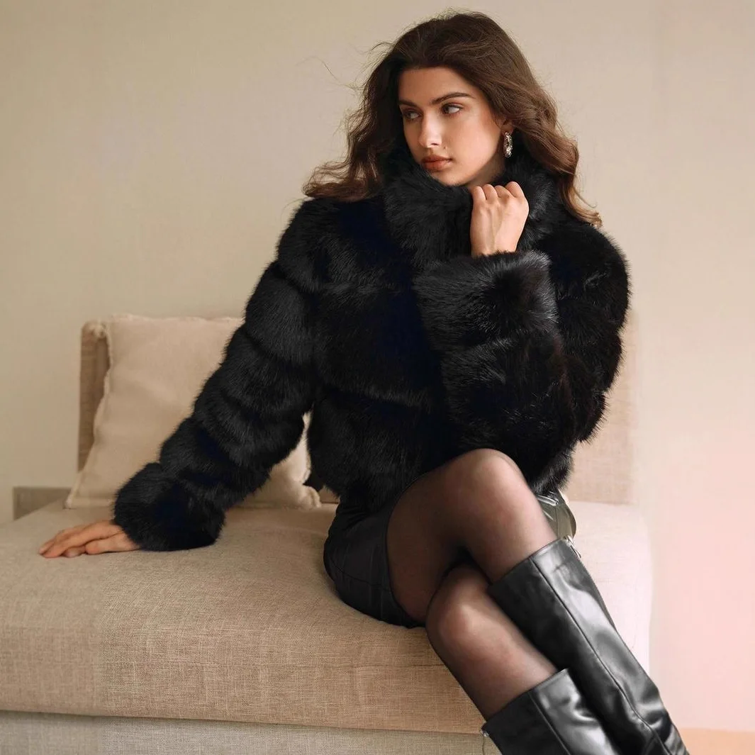 Women Faux Fox Fur Coats Short Jackets Zipper Coat Turn Down Collar Punk Loose Y2k Thick Outwear Jacket Casual 2025 Winter