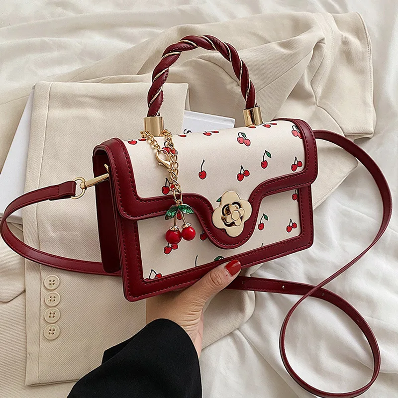 Sweet Cute Cherry Square Chains Crossbody Bags for Woman Luxury Designer Brand PU Leather Casual New Female Elegant Shoulder Bag