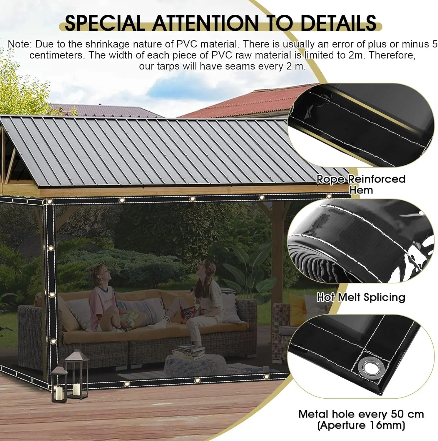 Sonnenschutz, wasserdichte Plane aus PVC mit Ösen, 400 g/m2, UV-Schutzplane für Pavillon, Garten, Balkon, Sichtschutz – Detail 6