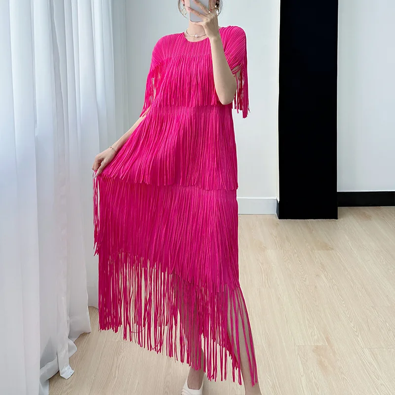 Miyake Fold High-end Design Sense Temperament Fashion Tassel Solid Color Short-Sleeved Dress 2023 Summer Dresses Women Clothing