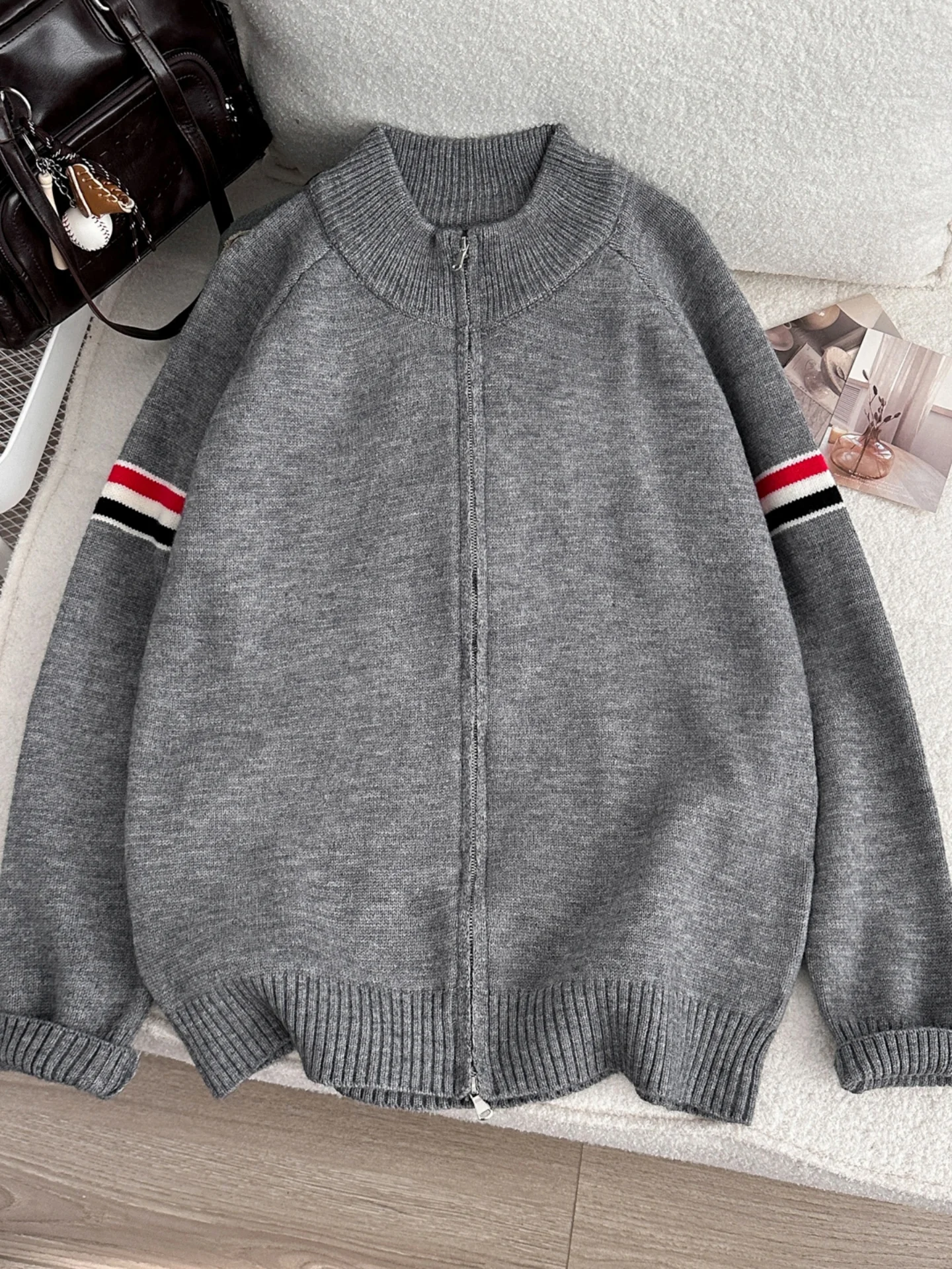 American Retro Striped Loose Knitted Cardigan Men's Old Money Style Half High Collar Sweater Couple's Spring Casual Outerwear