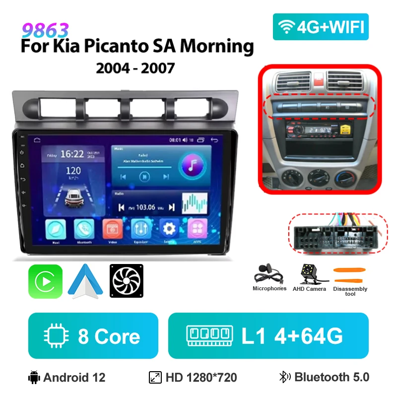 9 "Android Auto Multimedia Voor Kia Picanto SA Mroning 2004-2007 Carplay Speler 2Din Stereo Autoaudio Head Unit navigatie GPS - afbeelding 1