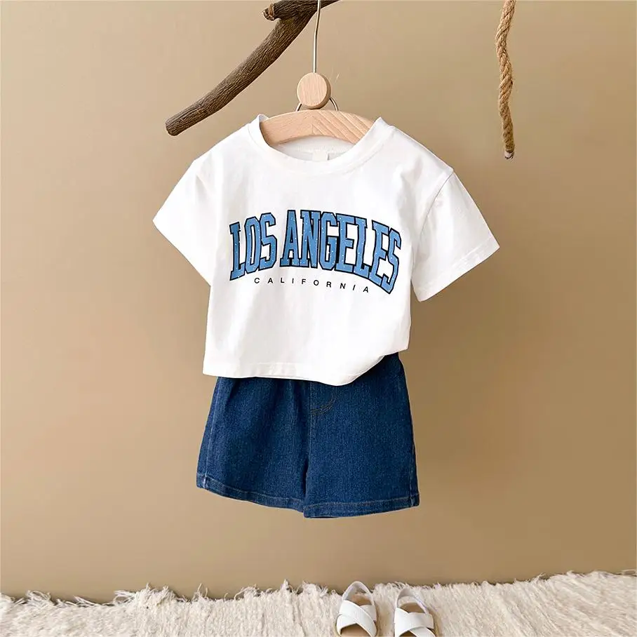 Summer New Baby Clothes Infant Letter Printing Top + Denim Shorts Set Baby Boys Girls Casual Baby Set Newborn Baby Clothes 2Pcs