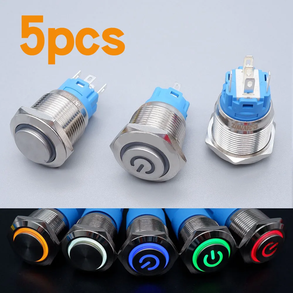 

5PCS Metal Push Button Switch 16/19/22mm Waterproof Led Lamp Metal Car Start Stop Buttons Self-reset Latching No Socket 5V 12V