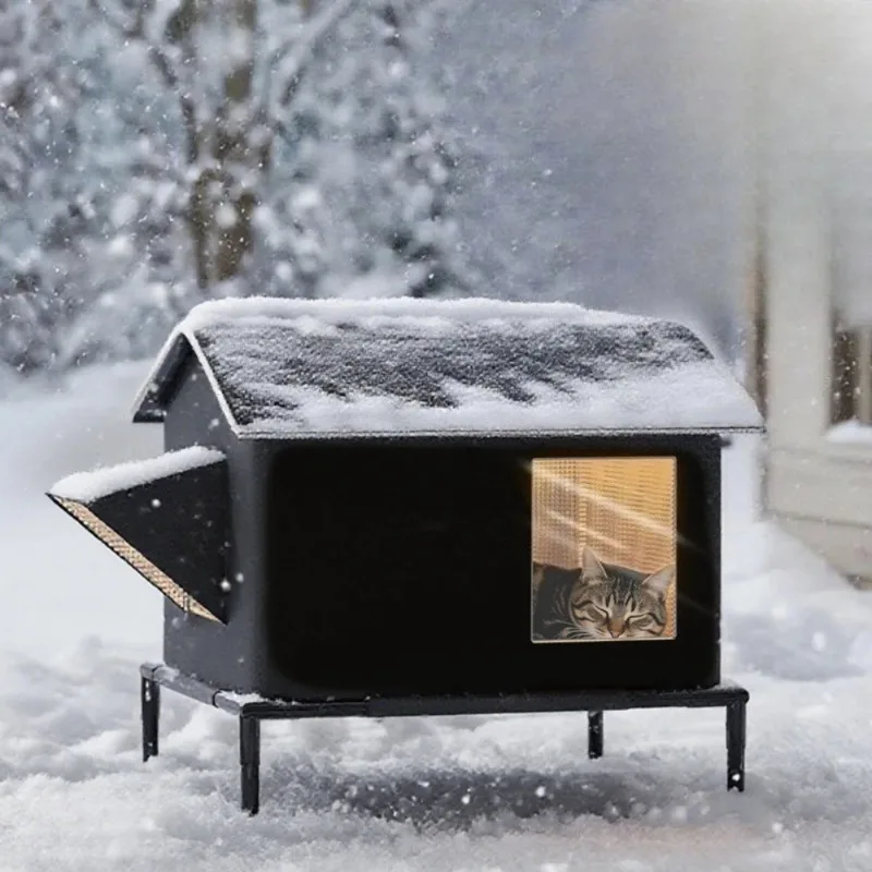 Winter Insulated Warm Outdoor House for Stray Cat Weatherproof Elevated Shelter with Escape Door Feral  Shelter Bed