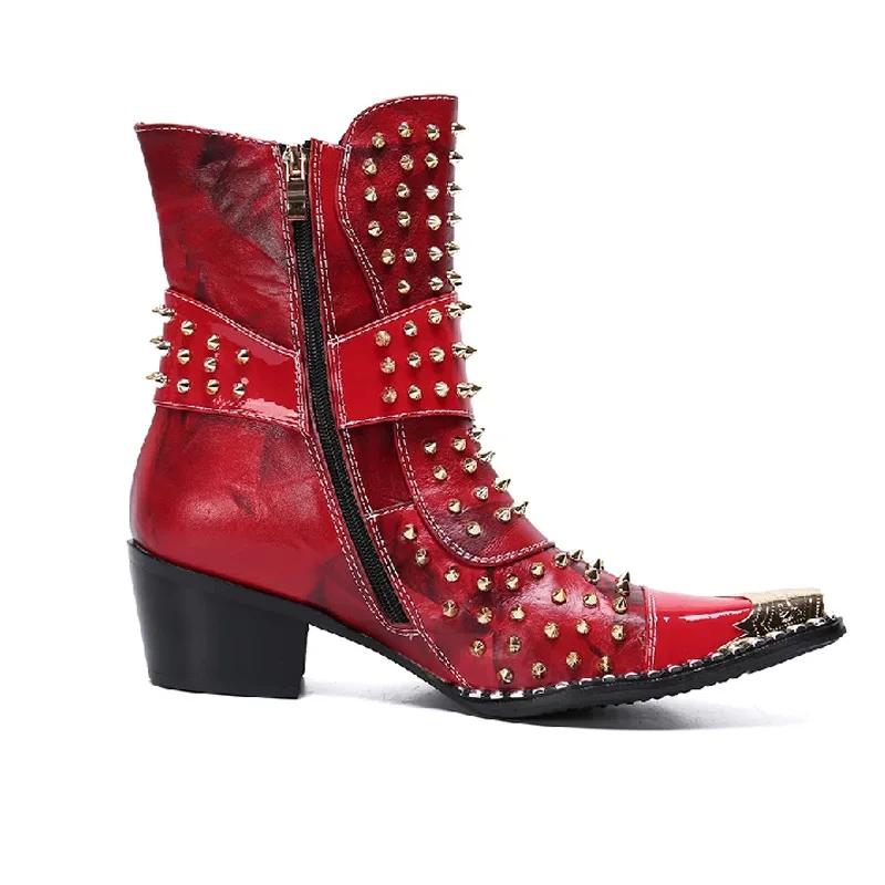 Genuine Leather British Style Punk Rivet Knight Boots Top-grain Leather Men Metal Pointed Toe Thick Heel Motorcycle Ankle Boots view 4