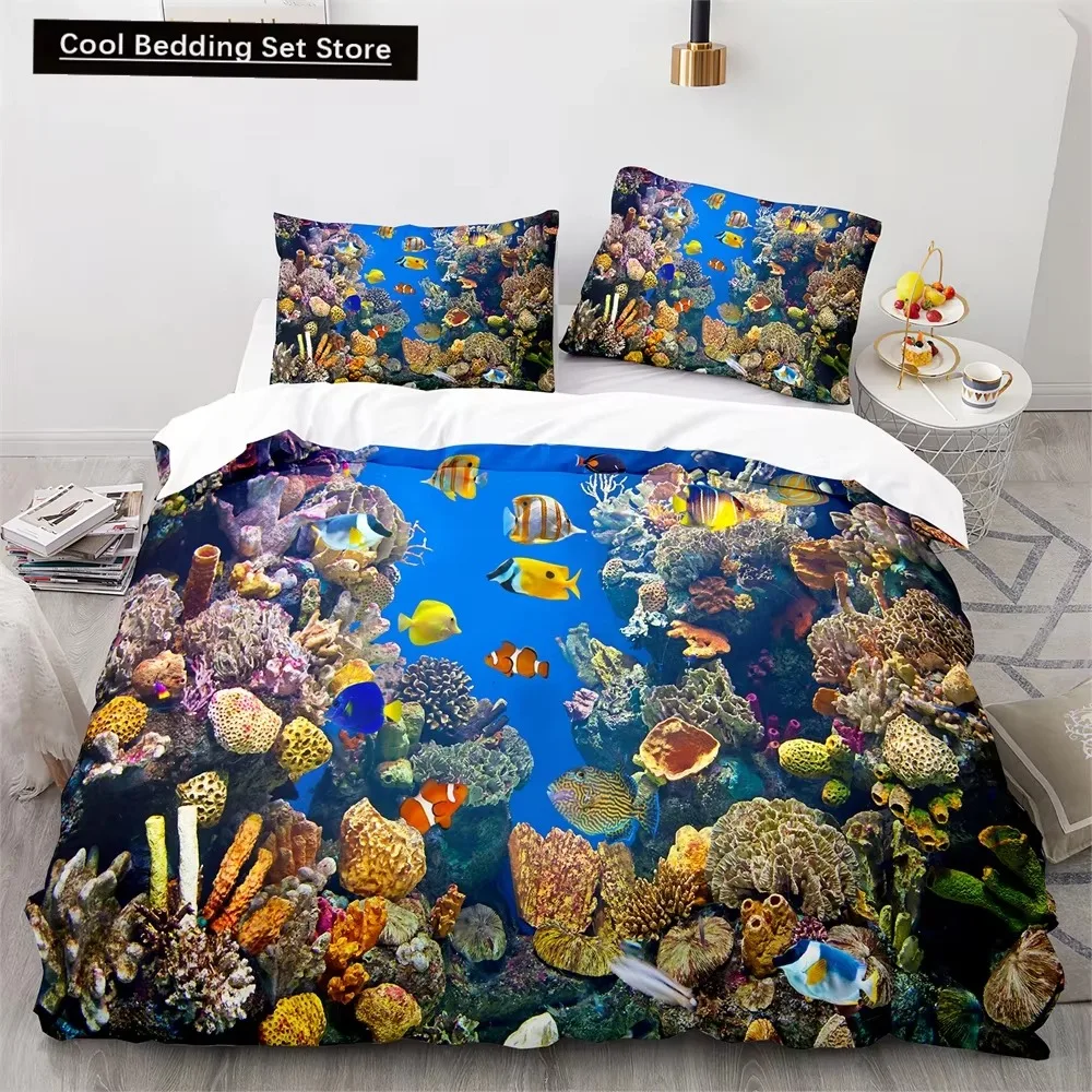 Underwater World Duvet Cover King Queen Blue Ocean Shark Bedding Set for Kids Sea Animal Coral Fish 3pcs Polyester Quilt Cover