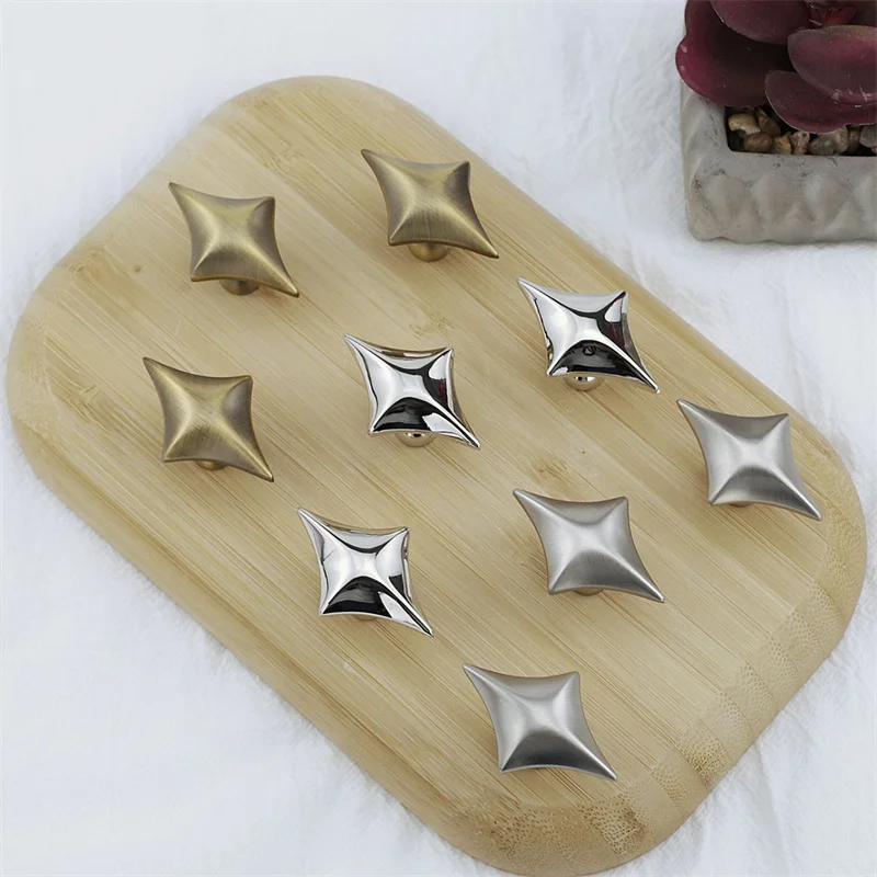 2Pcs Nordic Four-pointed Star Pull Handles Single-hole Kitchen Cabinet Door Drawer Wardrobe Knob Handles Silver Unique Pulls
