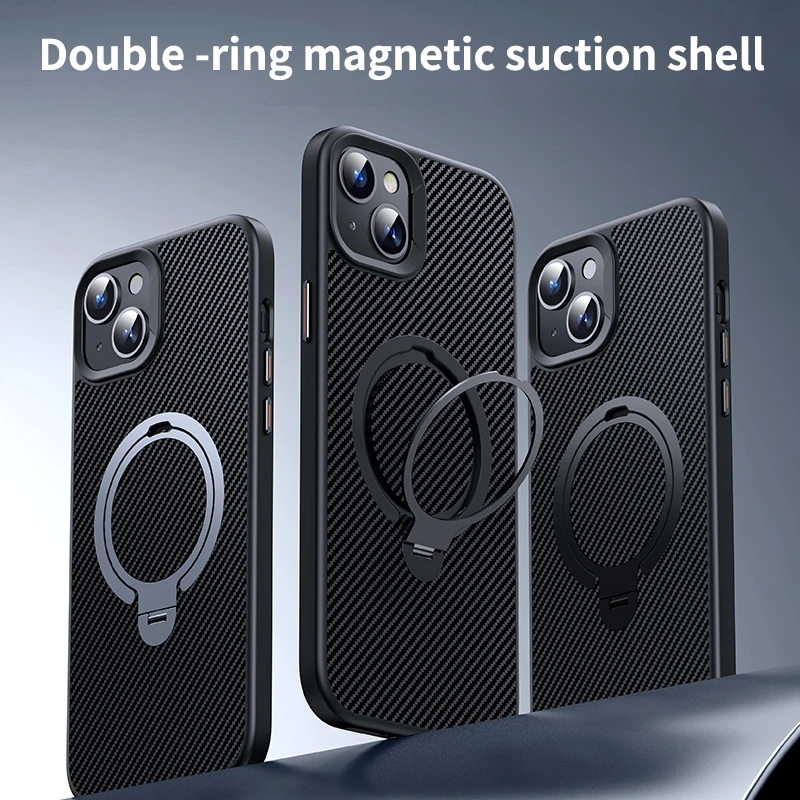 

Fashionable And Cool Carbon Fiber Dual Ring Magnetic Phone Case Suitable For iPhone 12 13Pro Max 14 15Plus Anti Drop Phone Cover