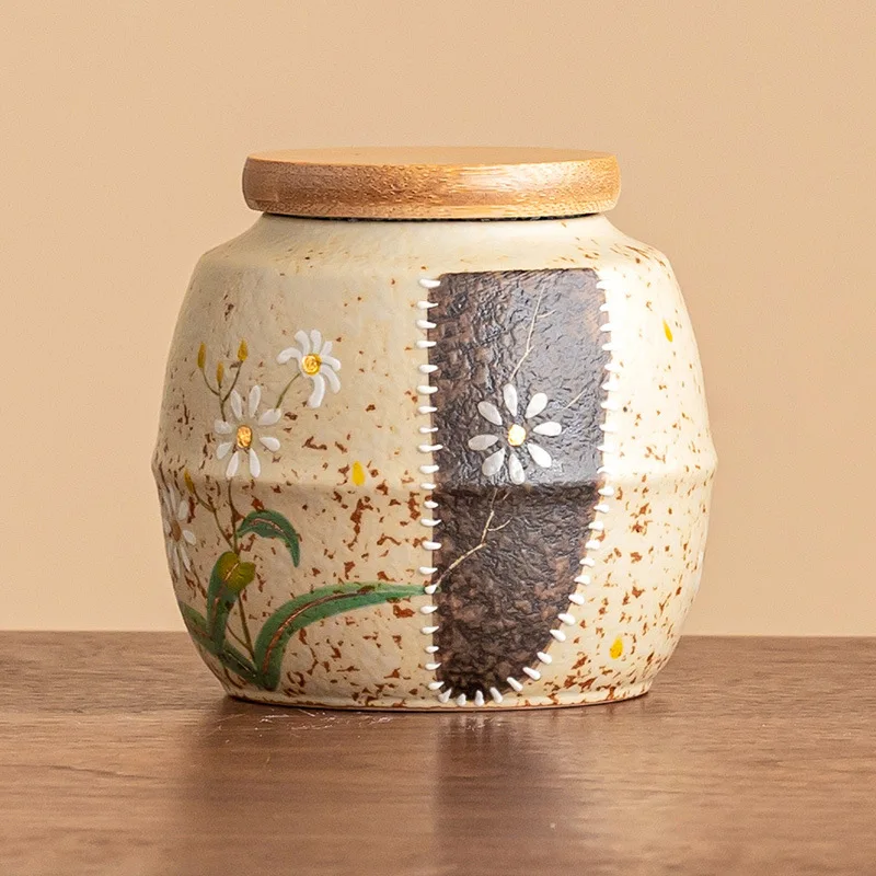 

LTT ceramic tea can gold-painted hand-painted small daisy sealed jar small portable tea can