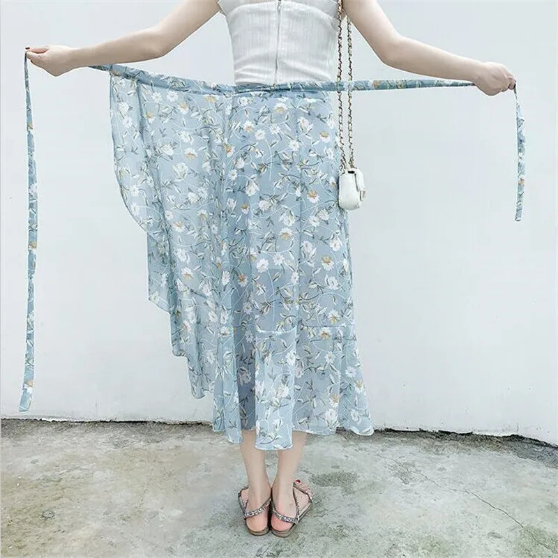 Fashion Women Floral Print Chiffon Skirts Lady Elegant Asymmetrical Ruffles Skirts Summer Beach Holiday  Bottoms