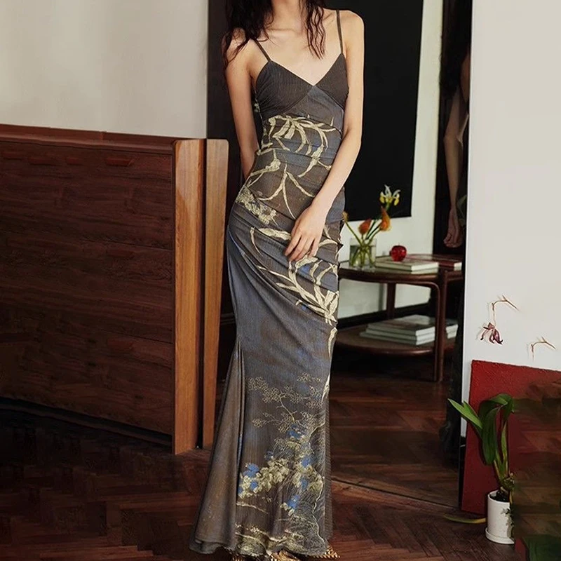 Women Dresses New 2024 Summer Brown Sexy Sling Backless V-Neck Fashion Print Maxi Dress Elegant Slim Clothing Casual Lady Dress