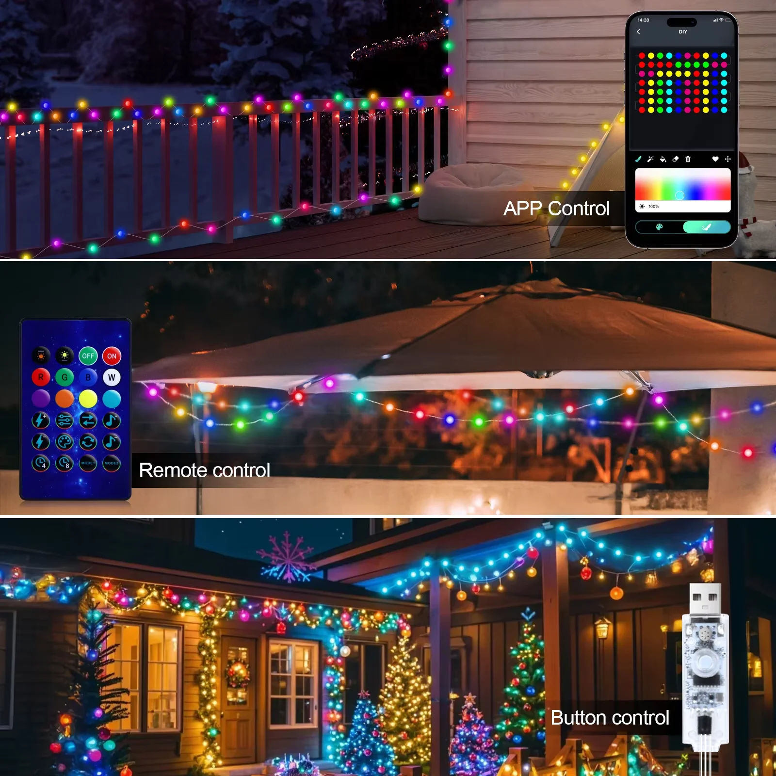 LED Round Ball String RGBIC  5V USB Bluetooth APP Music Controller Dream Color Light Waterproof Outdoor Decoration 5M/10M