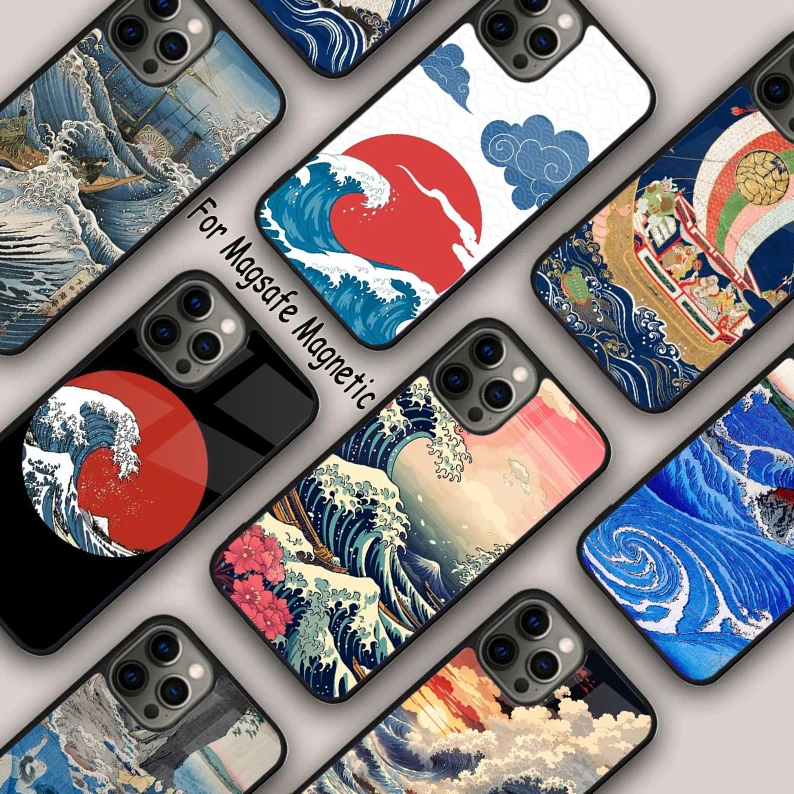 Japanese Wave Art Ocean White Blue Cool Japan Magnetic Phone Case For APPLE iPhone 16 14 13 12 11 Pro Max 15 Plus MagSafe Cover