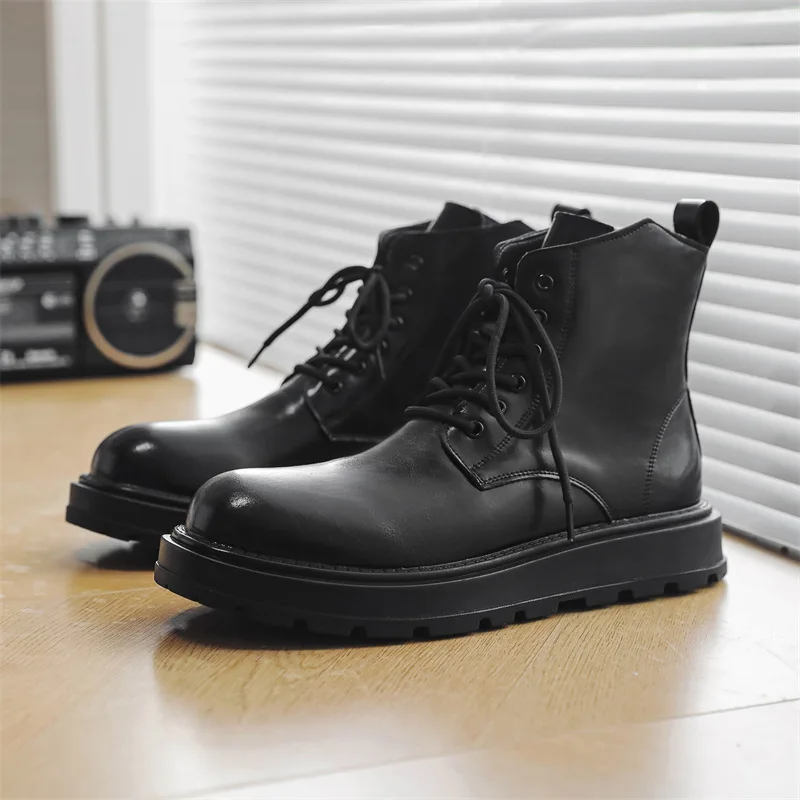 England style men's casual stage nightclub high motorcycle boots black genuine leather shoes cowboy platform boot long botas man