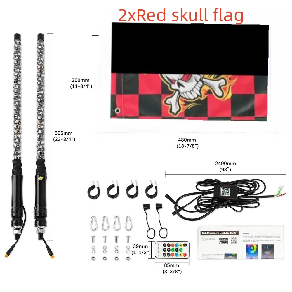 2 luci a frusta a LED da 2 piedi, fruste per antenna con asta portabandiera telecomandata, per UTV, ATV, fuoristrada, camion, sabbia, buggy Dune, RZR