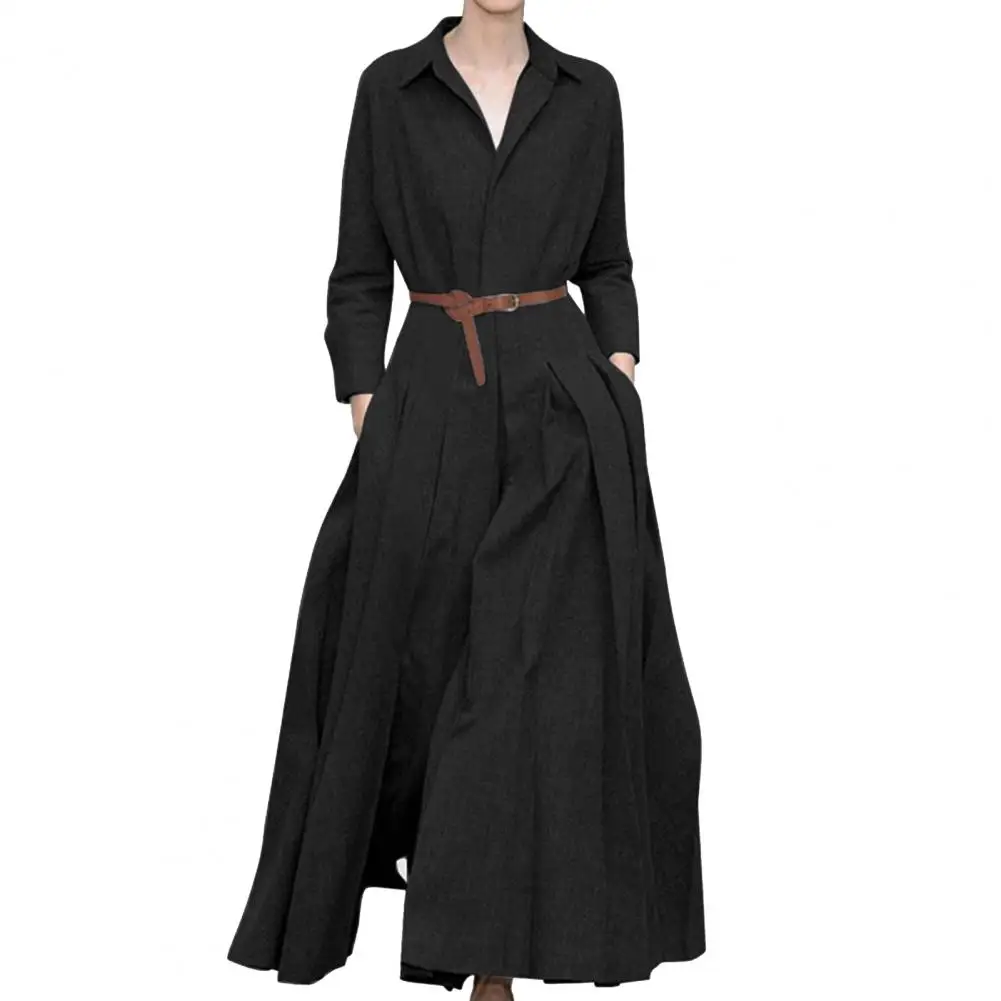 Robe plissée à manches longues pour femme, chemise à revers, poches inclinées, grand ourlet, dame de bureau, ligne A, monochromatique, document, vêtements féminins, automne