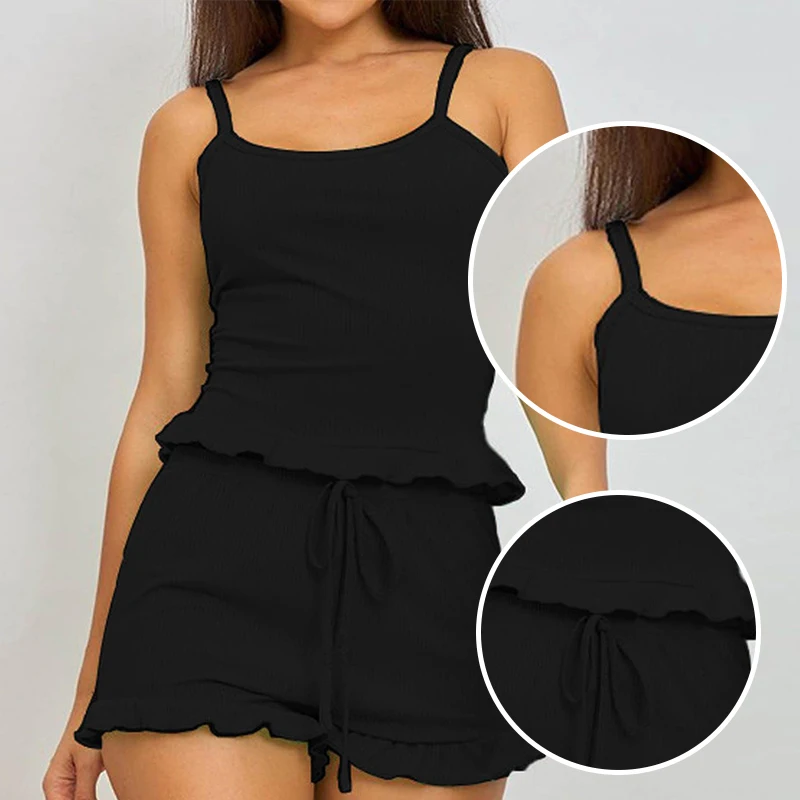 Summer Two-Piece Solid Color Sleepwear Round Neck Sexy Suspender Ribbed Knitted Pleated Vest Shorts Casual Women\'s Sleepwear Set