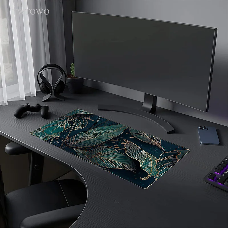 Golden Green Palm Leaves Mouse Pad Gamer XL Large HD Custom Home Mousepad XXL Playmat Carpet Non-Slip Soft Desktop Mouse Pad view 5