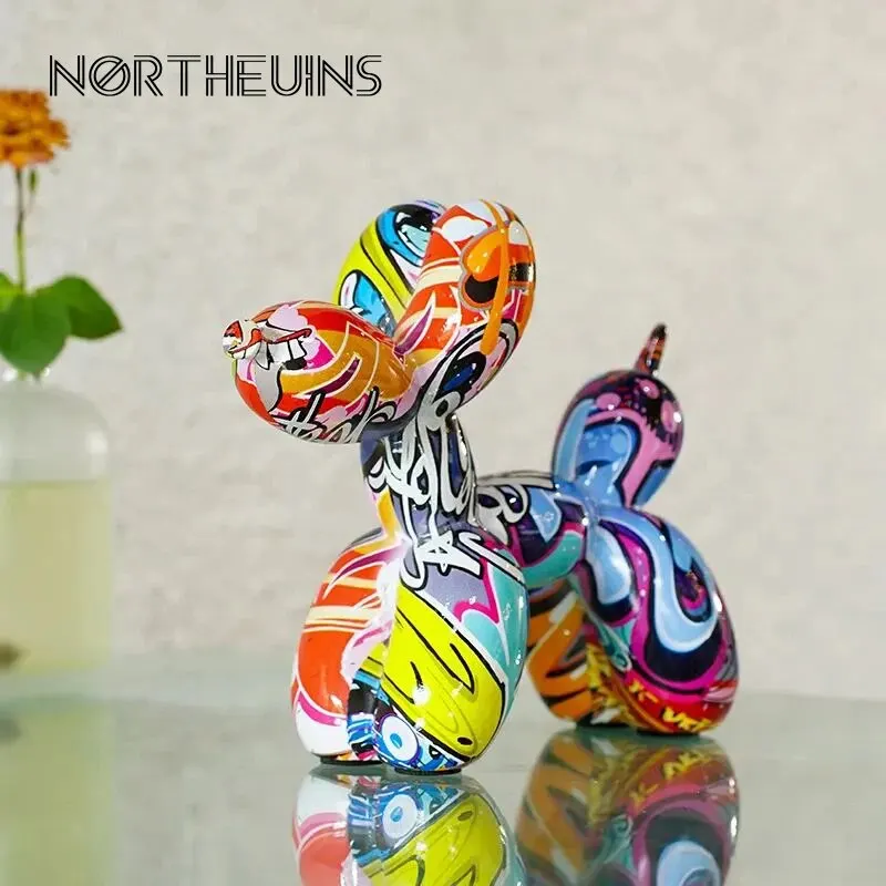 Resin Graffiti Balloon Dog Figurines for Interior Home Desktop Decoration Painting Colorful Art Animals Statue Crafts Decor Item