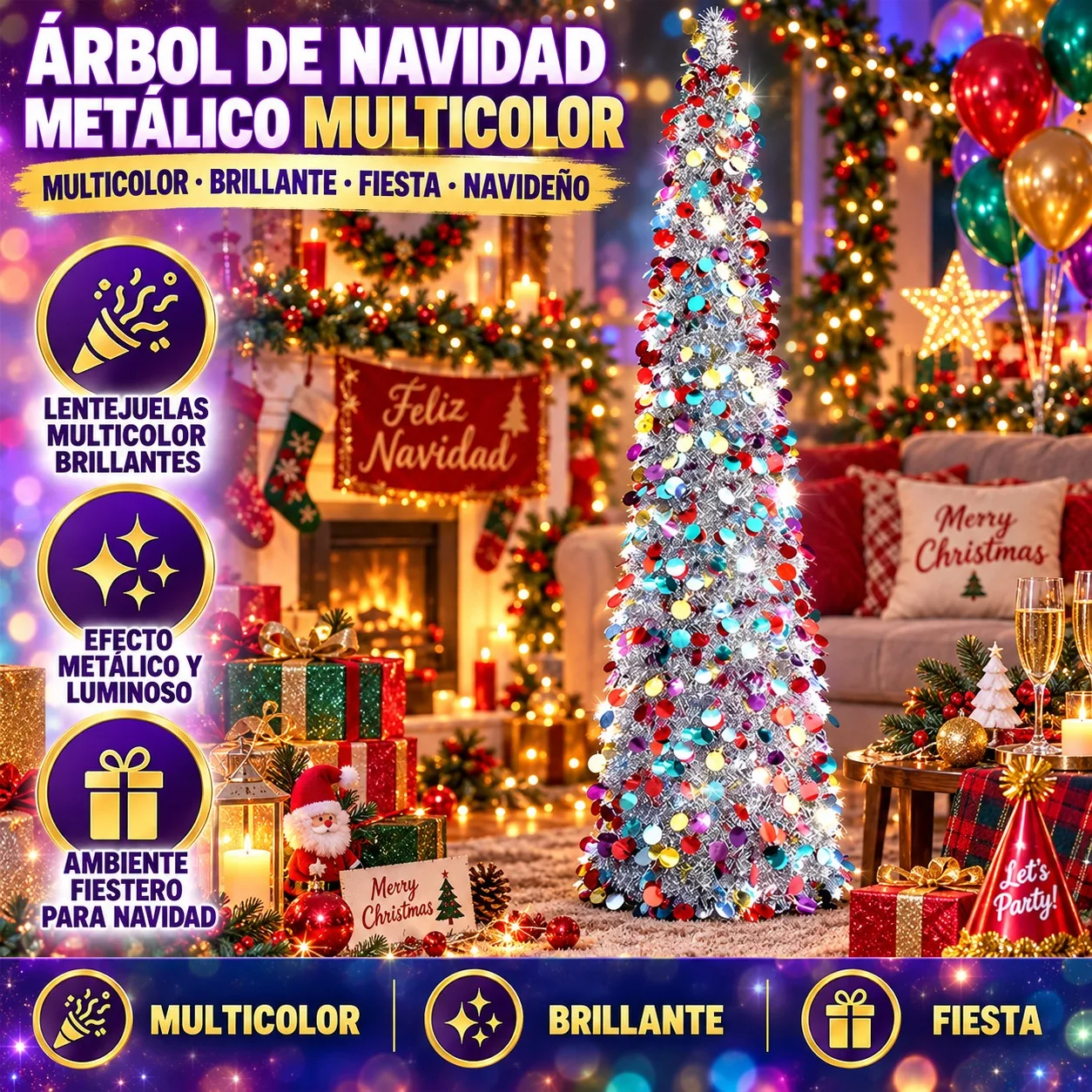 Sapin de Noël pliable de 150 cm avec des paillettes multicolores brillantes, sapin métallique en PVC argenté pour les fêtes et la décoration intérieure, léger et facile à ranger grâce à sa conception en spirale.
