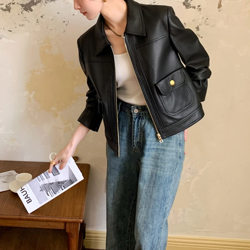 عالية الجودة معاطف السترة الجلدية الحقيقية 2026 جديد إمرأة أسود عادية سستة سترة جلد الغنم موضة قصيرة سترة جلدية فام #4