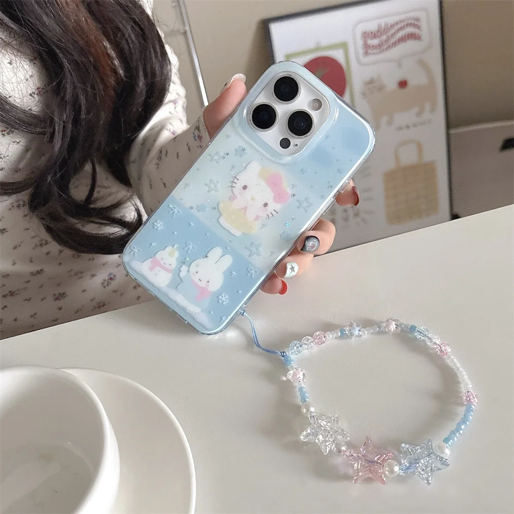 

Cute Snowflake Cartoon Kitten Scarf Rabbit Phone Case for iPhone 17 16 Pro 13 14 15 Pro Max Cover Fundas Kawaii Protective Cover