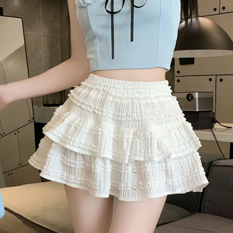 Women Skirt Elastic Double Waistline Slimming High Waist Multi Layer Splicing Pleated A-line Solid Color Simple Daily Skirts