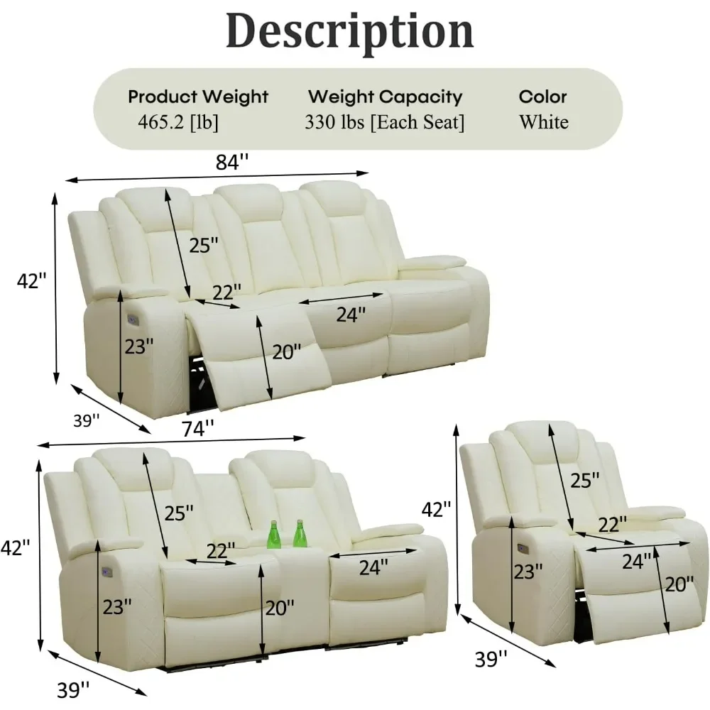 Liegesofagarnitur, Leder-Liegesofa mit USB-Anschluss/kabellosem Ladegerät/Aufbewahrungskonsole/Getränkehalter, Sofa-Wohnzimmermöbel