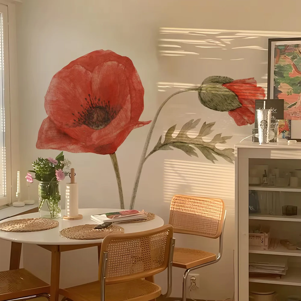 Large Fabric Red Poppy Flowers Peel and Stick Wall Mural Decals, Wall Stickers Removable for Living Room Art Home Decor Murals