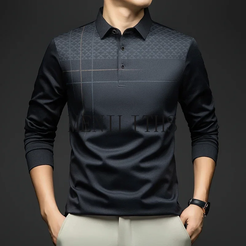 Luxury Brand Elegant Formal Polo T shirts Men Graphic Design Long Sleeve Shirt Collar Office Work Polo Tops Man Clothing