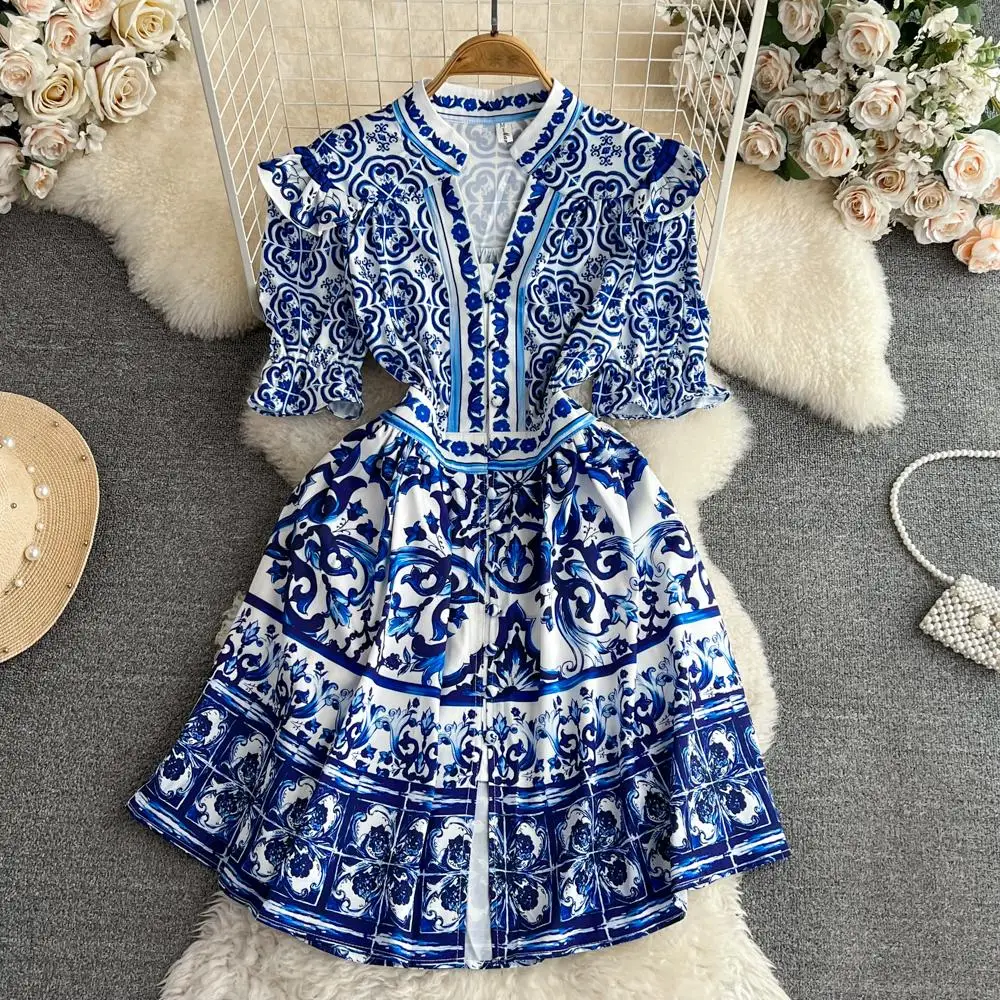 Brand Designer Blue And White Porcelain Dress Summer Women\'s V Neck Ruffles Short Sleeve Flower Print Beach Mini Vestidos Party