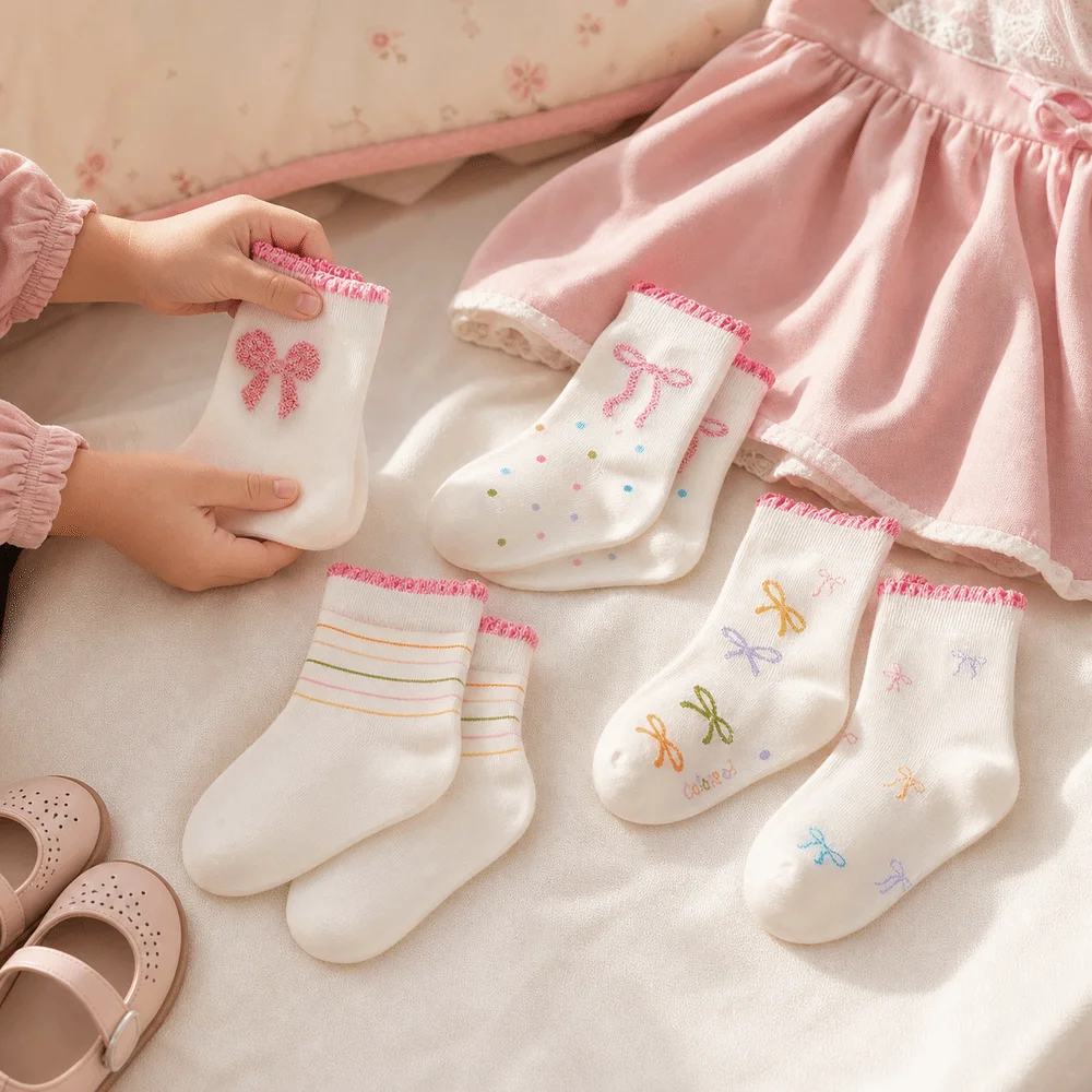 5 Pair Set New Ruffle Bowknot Socks Cotton Soft Elastic Mid Tube Socks Breathable Print Pattern Girls Ankle Socks Daily Wear