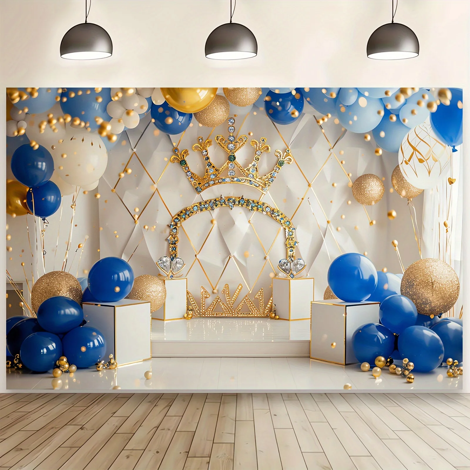 Royal blue and Gold King Crown party background, 1st birthday polyester banner, Prince Shower cake smash decoration